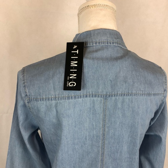 Timing Button Up Denim Collared Top Rollup Sleeves - Picture 4 of 8